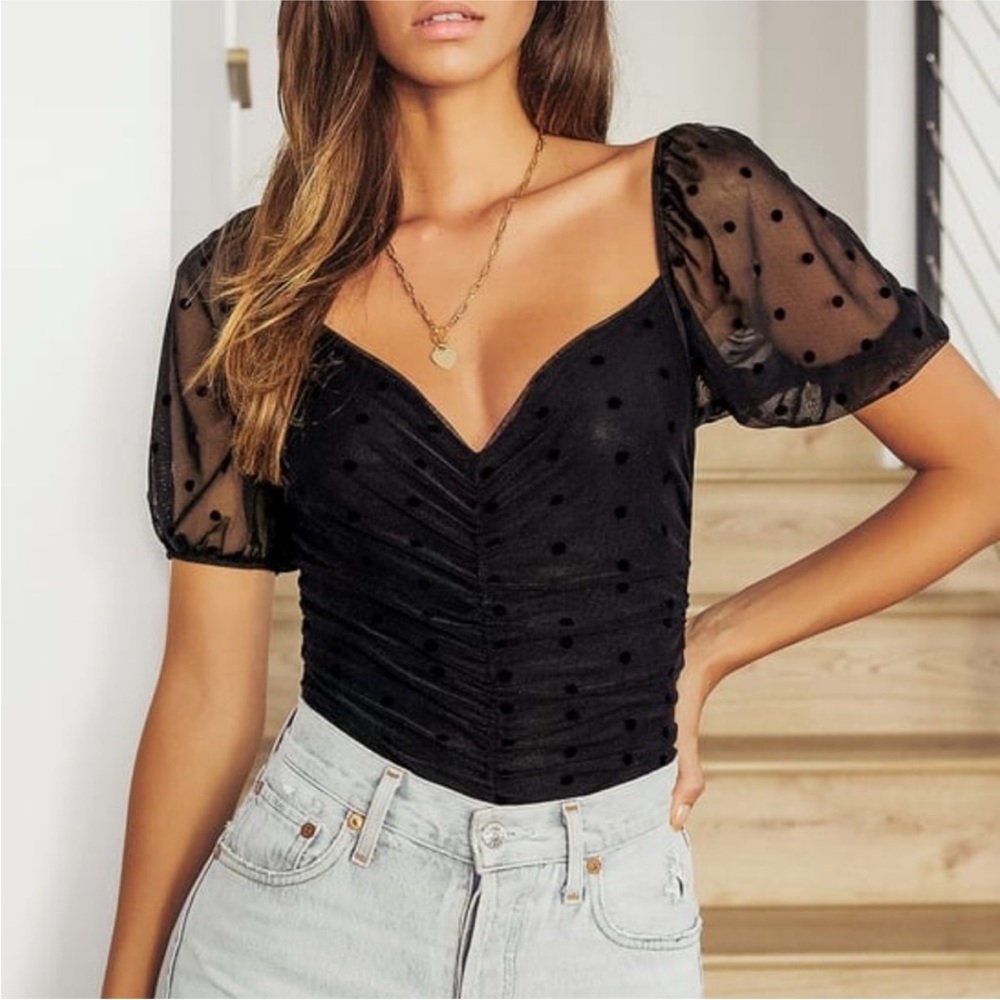 "Darling" black polka dot mesh ruched puff sleeve bodysuit